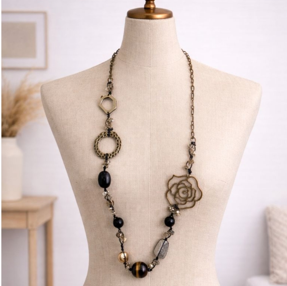 Long Mixed-Metal Statement Necklace | Boho Floral Charm